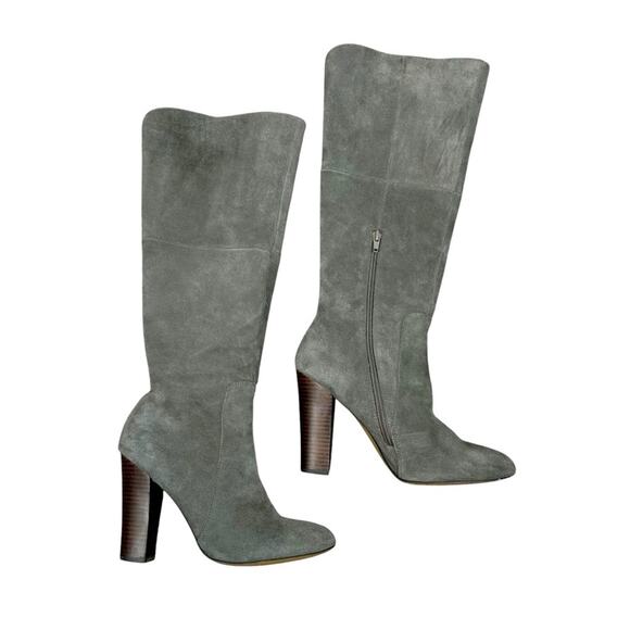 Cynthia Rowley DLuxe Tall Boots Gray Suede SZ 7.5 Y2K Stacked Heel Statement - Picture 1 of 9